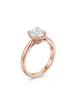 FORIA 1 carat round natural diamond sculpted solitaire ring in 18K rose gold, 45-degree hero view | SARATTI