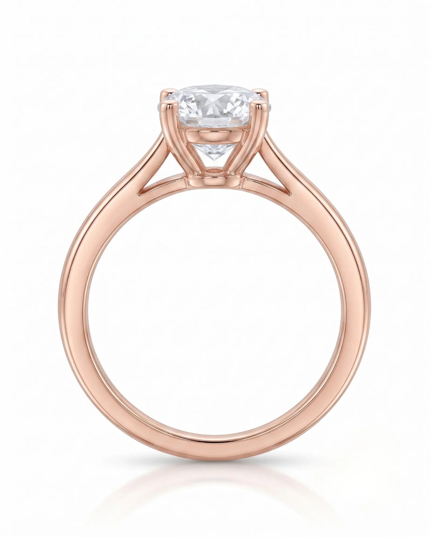 FORIA 1 carat round natural diamond sculpted solitaire ring in 18K rose gold, side profile showing open gallery | SARATTI