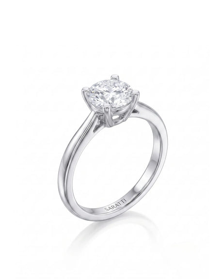 FORIA 1 carat round natural diamond sculpted solitaire ring in 18K white gold, 45-degree hero view | SARATTI