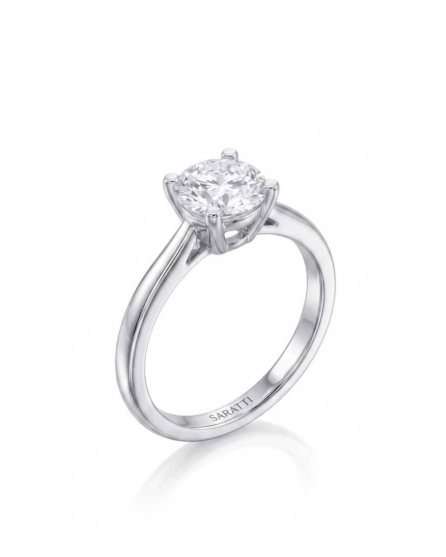 FORIA 1 carat round natural diamond sculpted solitaire ring in 18K white gold, 45-degree hero view | SARATTI