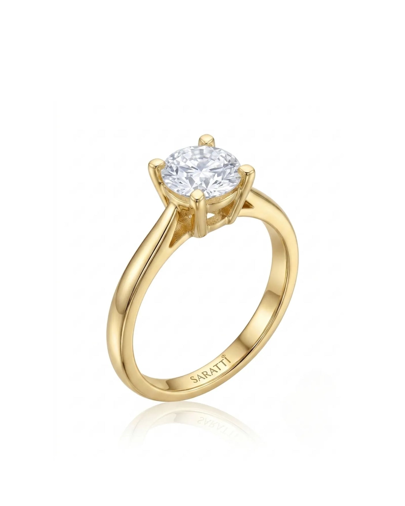 FORIA 1 carat round natural diamond sculpted solitaire ring in 18K yellow gold, 45-degree hero view | SARATTI