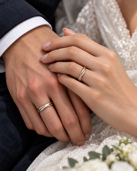 Fusion Two Tone Natural Diamond Wedding Set in 18K Rose & White Gold on Couple | SARATTI