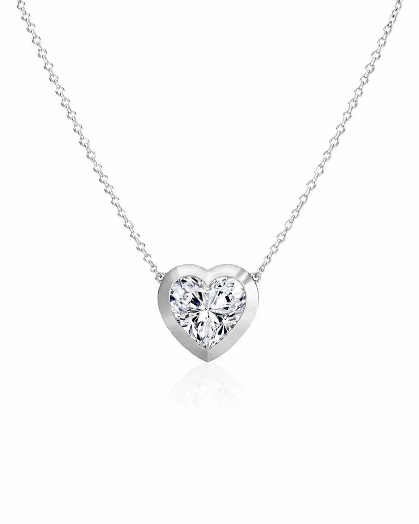 SOLARA Bezel-Set Heart Cut solitaire necklace setting in white gold, front view | SARATTI