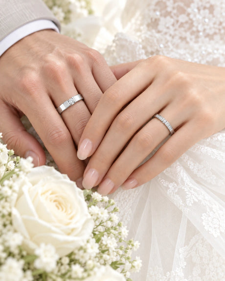 Gilded Glamour natural diamond wedding ring set worn by couple in 18K White Gold | SARATTI