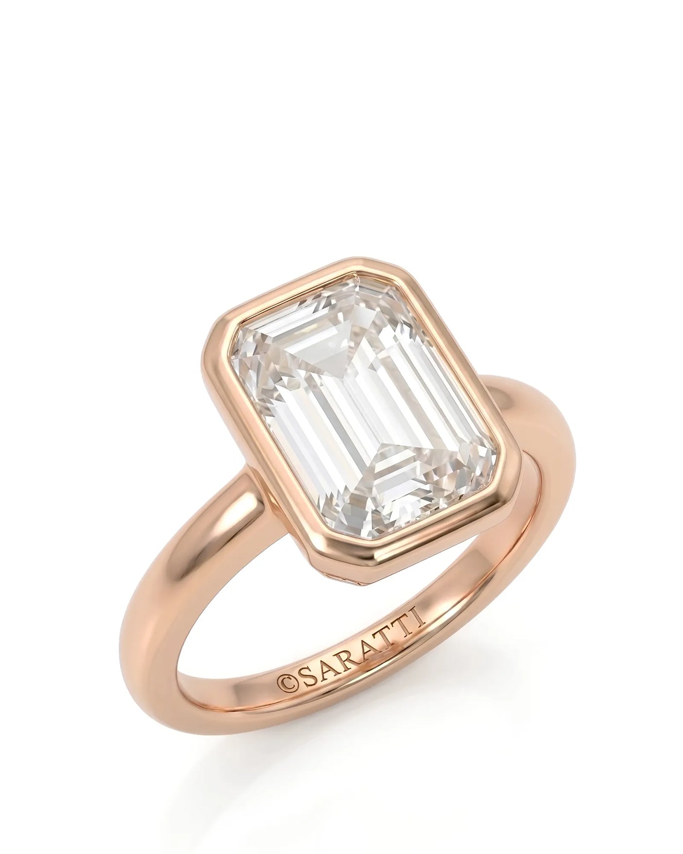 Golden Horizon 2 carat natural emerald cut diamond bezel engagement ring in rose gold 45-degree view | SARATTI