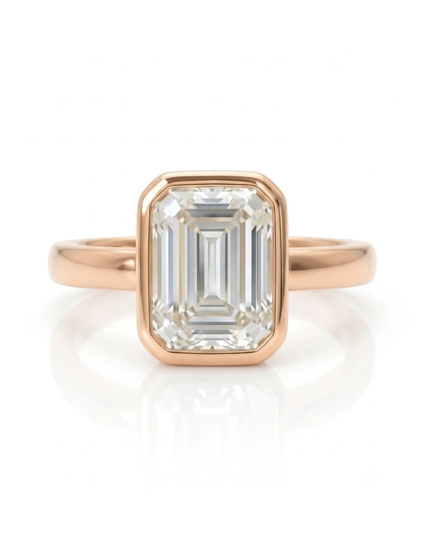 2 carat GIA-certified natural emerald cut diamond bezel ring in rose gold front view | SARATTI