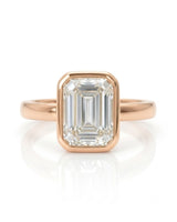 2 carat GIA-certified natural emerald cut diamond bezel ring in rose gold front view | SARATTI