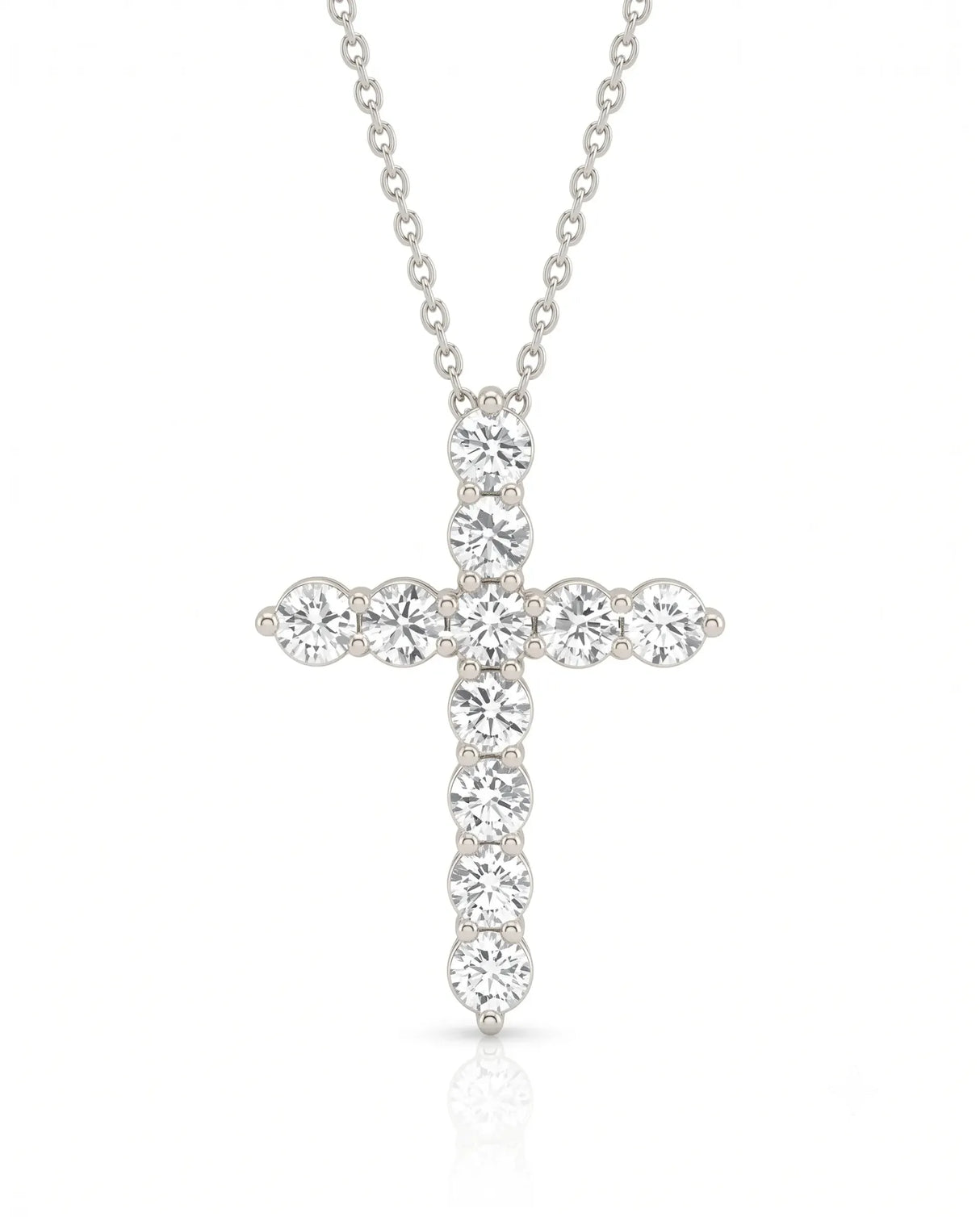 Front view of Grande Lueur Croix round diamond cross necklace in platinum | SARATTI