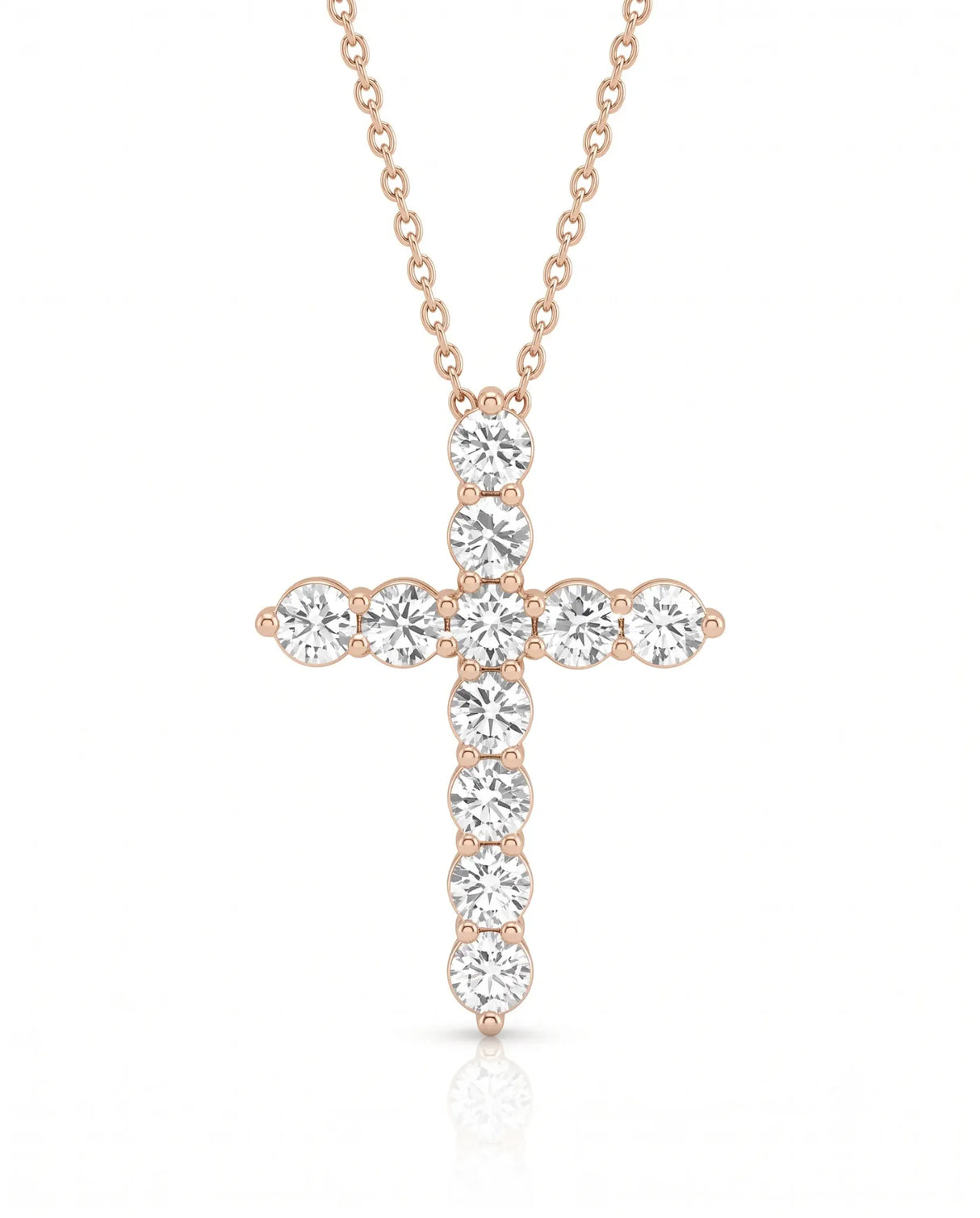 Front view of Grande Lueur Croix round diamond cross necklace in rose gold | SARATTI
