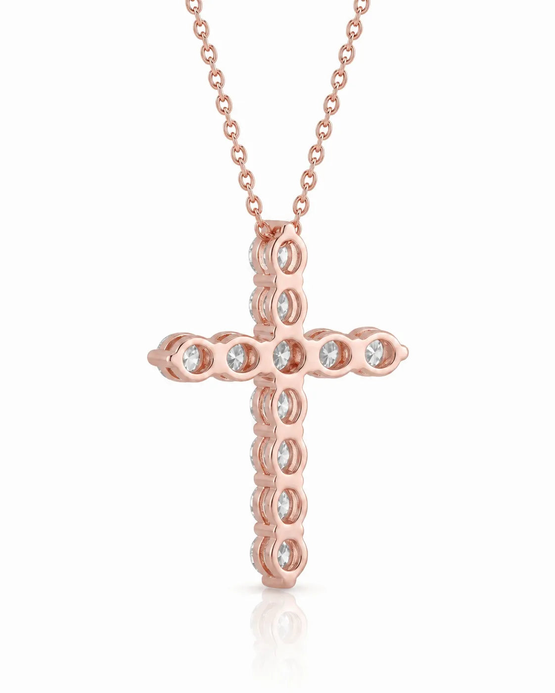 Rear angle of Grande Lueur Croix diamond cross necklace in rose gold | SARATTI