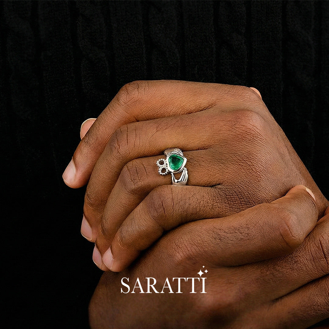 heart shape emerald claddagh ring white gold crown design | SARATTI