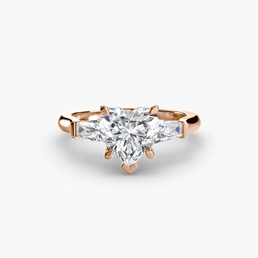 IMPERIAL Heart Cut Baguette Three-Stone Ring Setting in Rose Gold | SARATTI