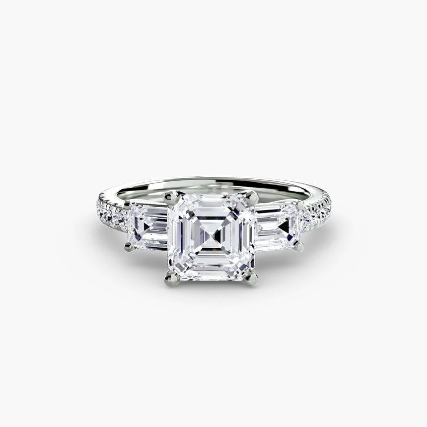 IMPERIAL II – Asscher Cut Three-Stone Pavé Ring Setting in White Gold | SARATTI