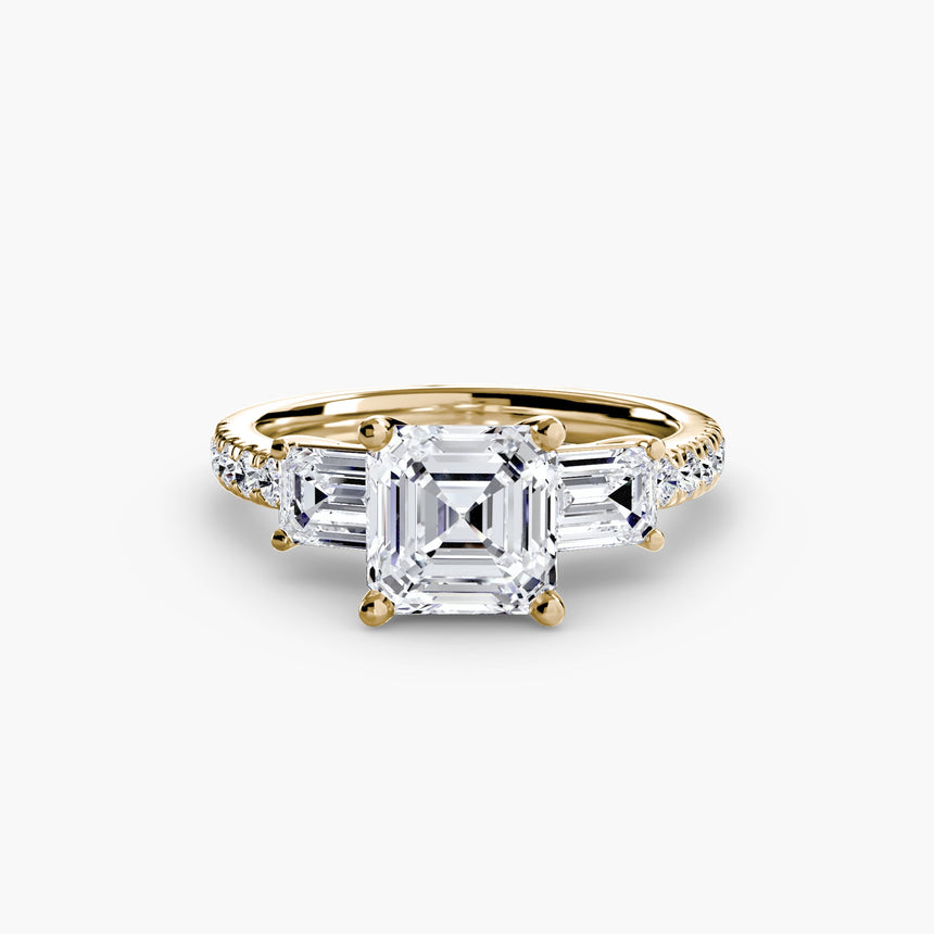 IMPERIAL II – Asscher Cut Three-Stone Pavé Ring Setting in Yellow Gold | SARATTI