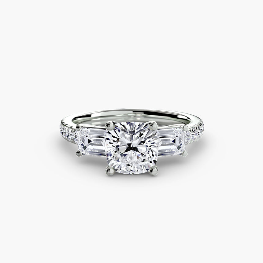 IMPERIAL II – Cushion Cut Three-Stone Pavé Ring Setting – White Gold view | SARATTI