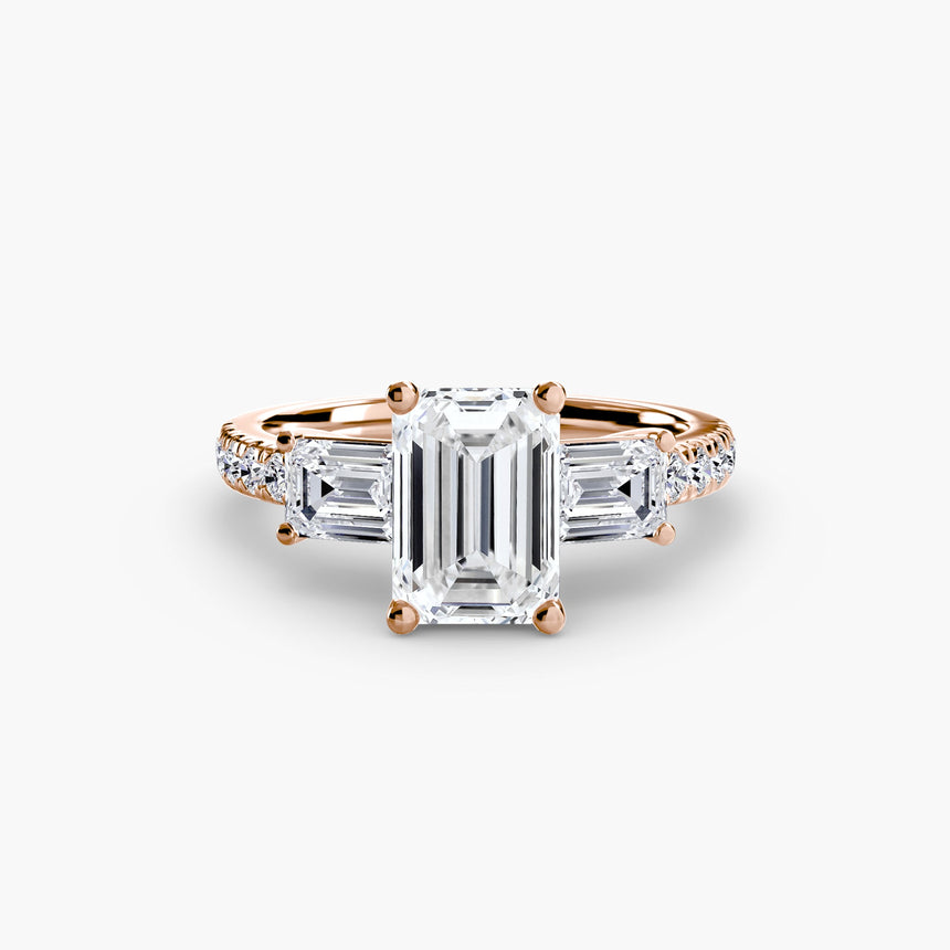 IMPERIAL II Emerald Cut three-stone baguette pavé diamond ring setting in Rose Gold | SARATTI