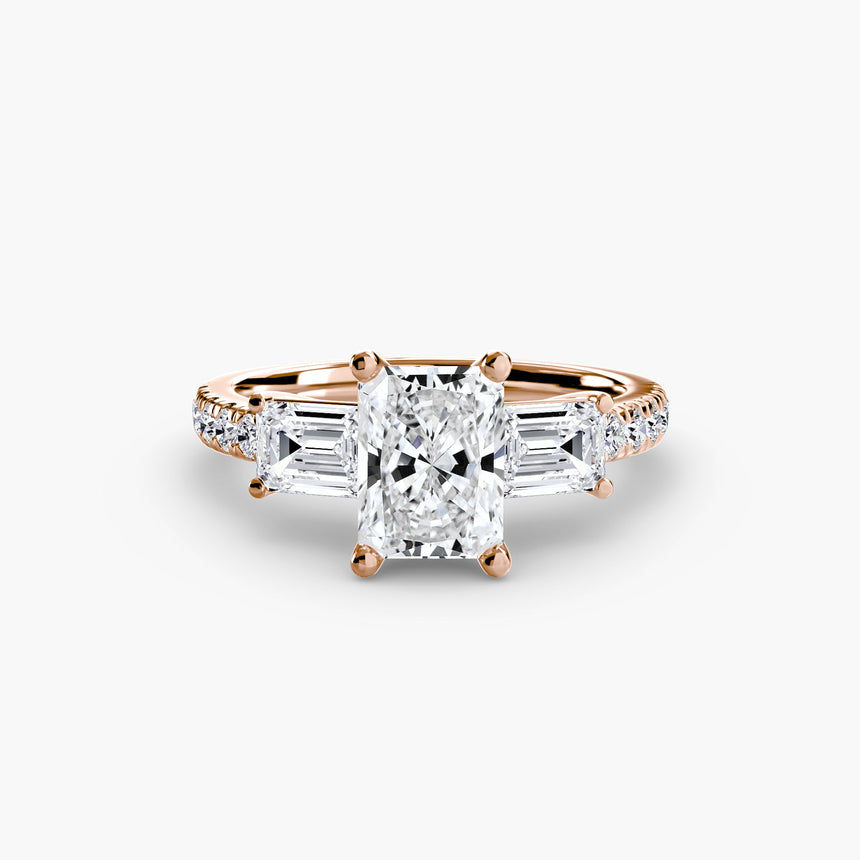 IMPERIAL II Radiant Cut Three-Stone Pavé Ring Setting in Rose Gold | SARATTI