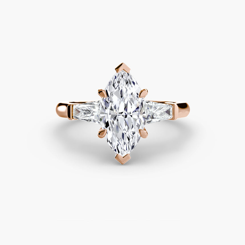 IMPERIAL – Marquise Cut Baguette Three-Stone Ring Setting in Rose Gold | SARATTI