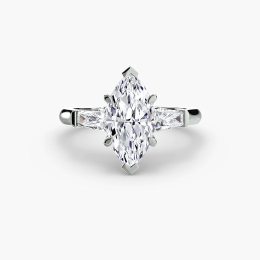 IMPERIAL – Marquise Cut Baguette Three-Stone Ring Setting in White Gold | SARATTI