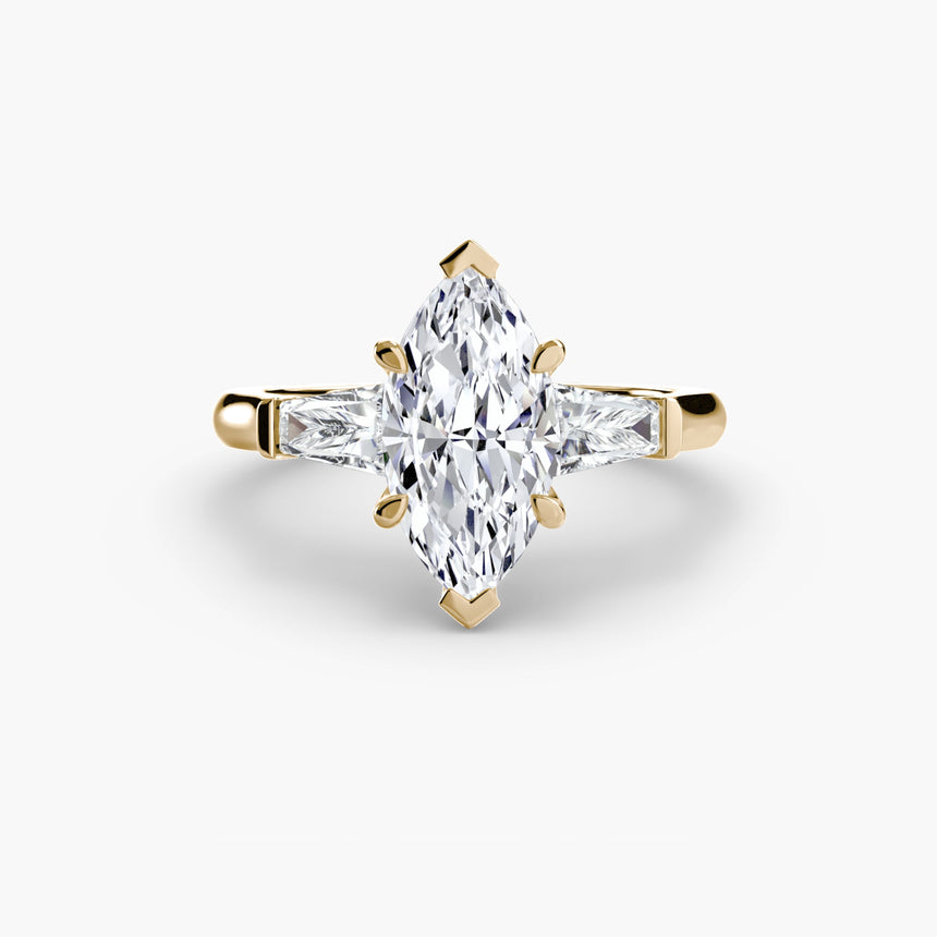 IMPERIAL – Marquise Cut Baguette Three-Stone Ring Setting in Yellow Gold | SARATTI