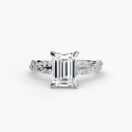 INFINITIÉ Emerald Cut twisted pavé solitaire ring setting in White Gold | SARATTI