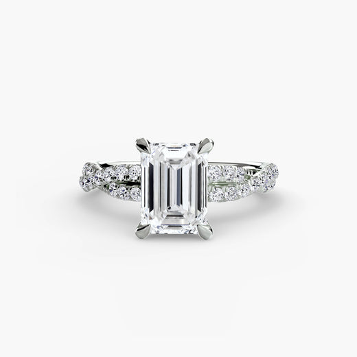 INFINITIÉ Emerald Cut twisted pavé solitaire ring setting in White Gold | SARATTI