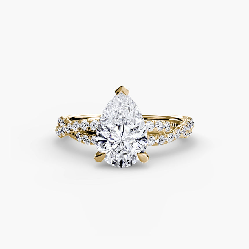 INFINITIÉ – Pear Cut Twisted Pavé Solitaire Ring Setting in Yellow Gold | SARATTI