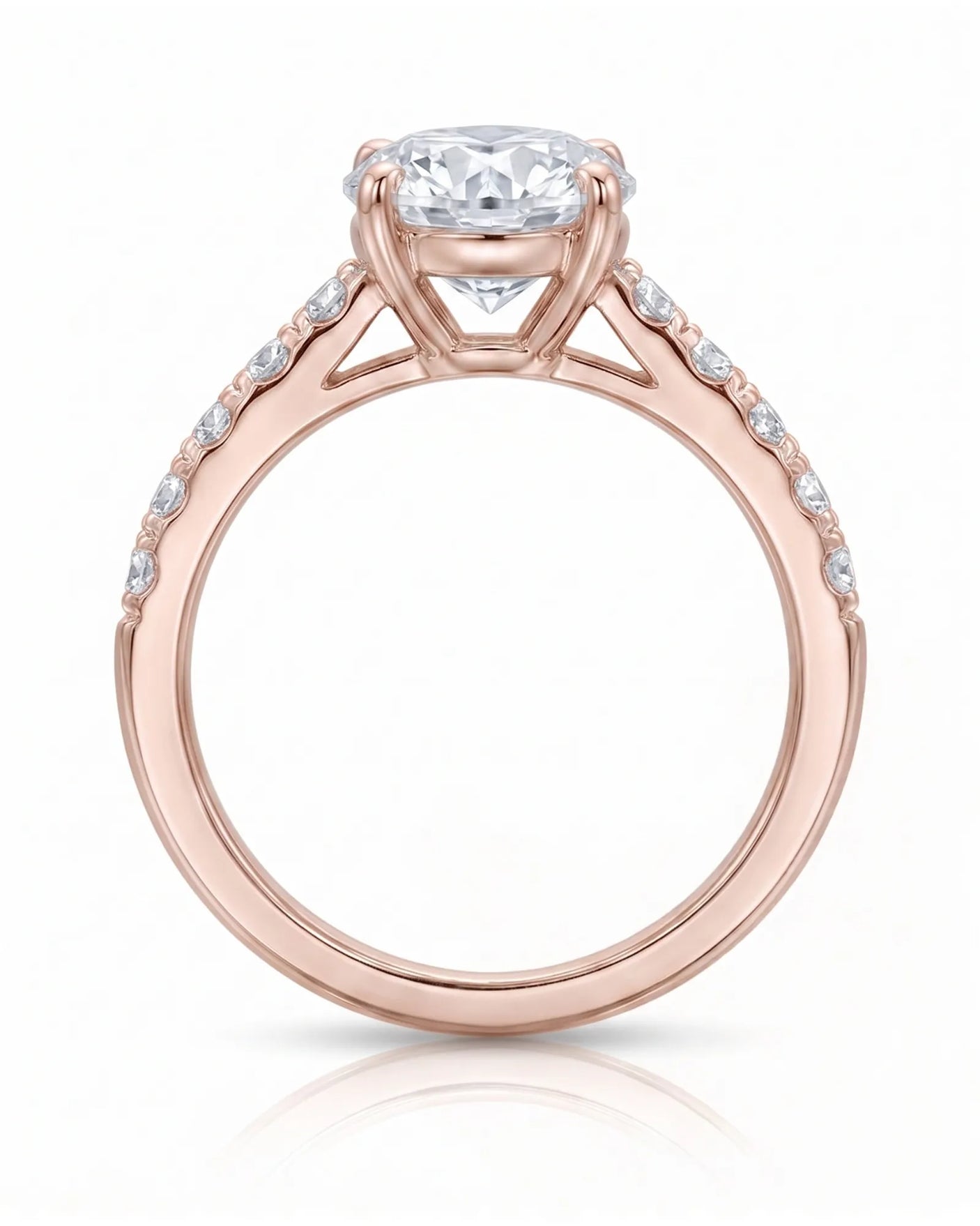 Jelena 1 carat F-colour oval natural diamond pavé solitaire ring in 18K rose gold, side profile showing raised open gallery | SARATTI