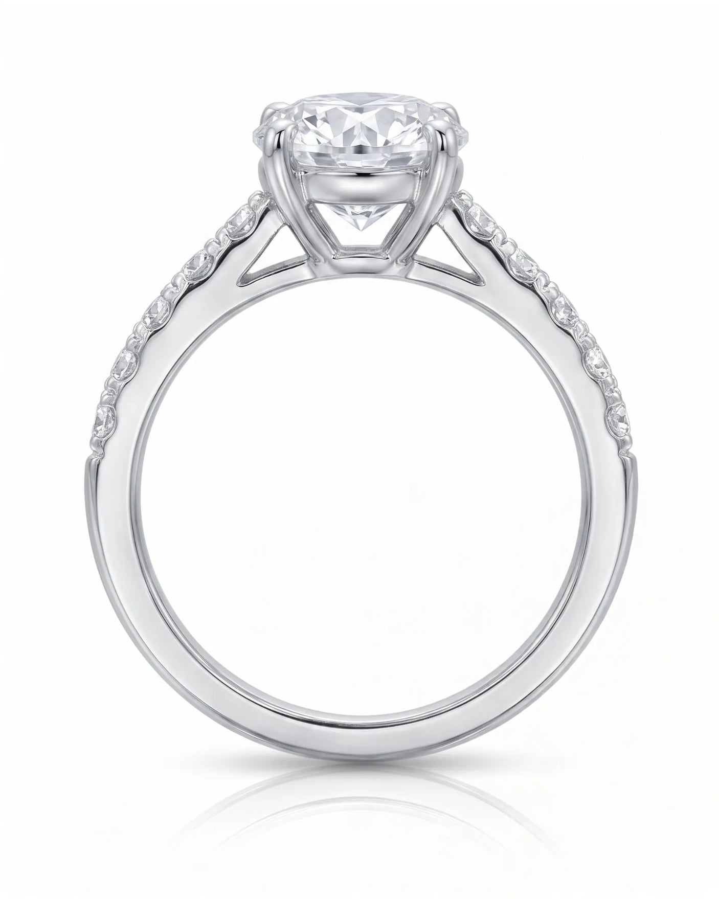 Jelena 1 carat F-colour oval natural diamond pavé solitaire ring in 18K white gold, side profile showing raised open gallery | SARATTI
