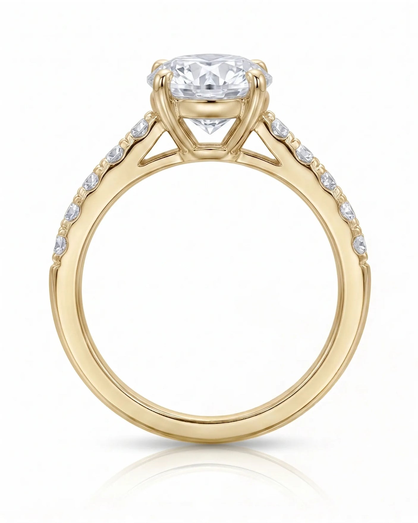 Jelena 1 carat F-colour oval natural diamond pavé solitaire ring in 18K yellow gold, side profile showing raised open gallery | SARATTI