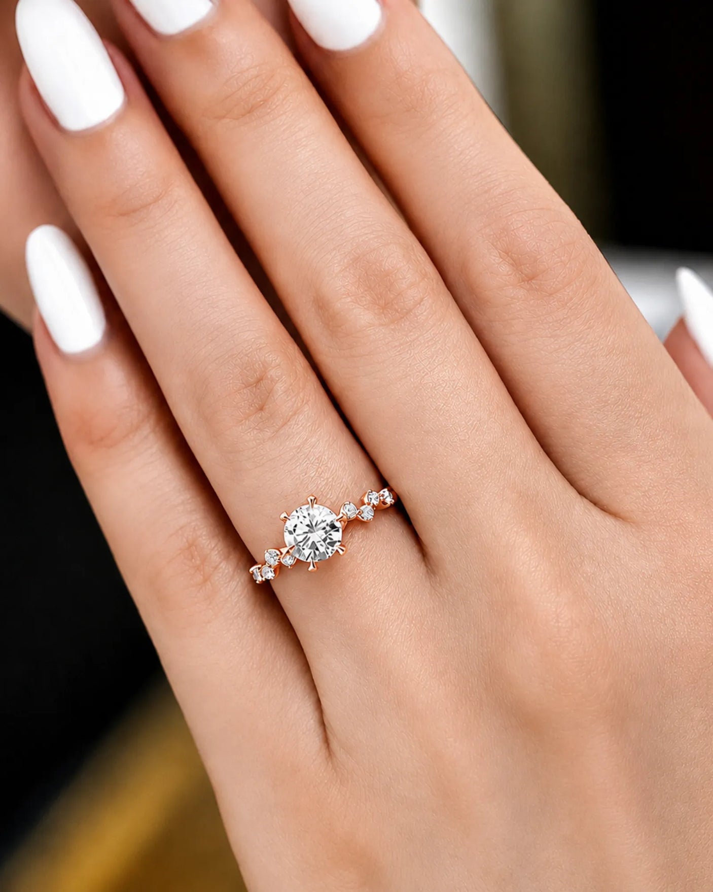Joan 1 carat round natural diamond six-prong engagement ring in 18K rose gold, worn on hand | SARATTI