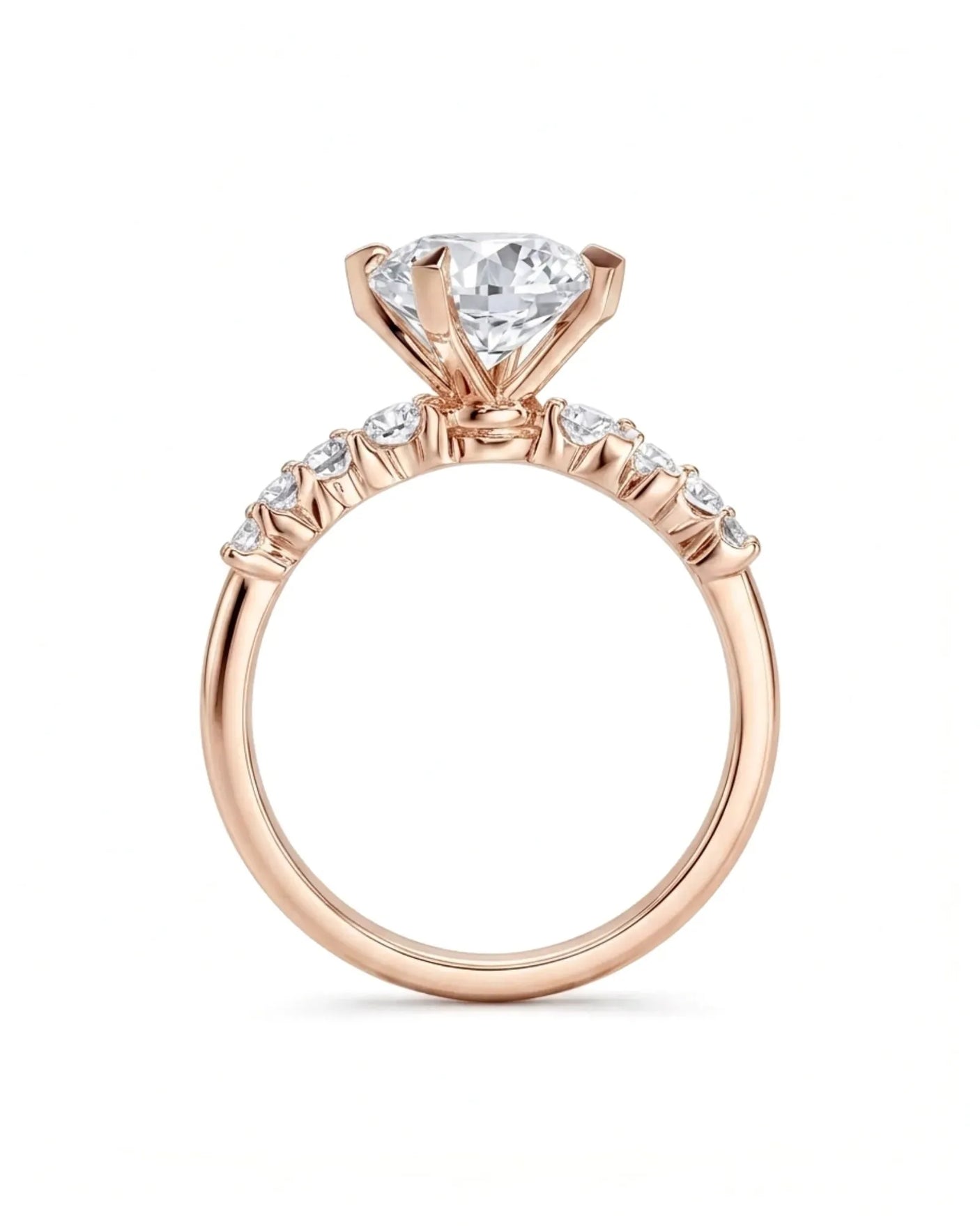Joan 1 carat round natural diamond six-prong engagement ring in 18K rose gold, side profile | SARATTI