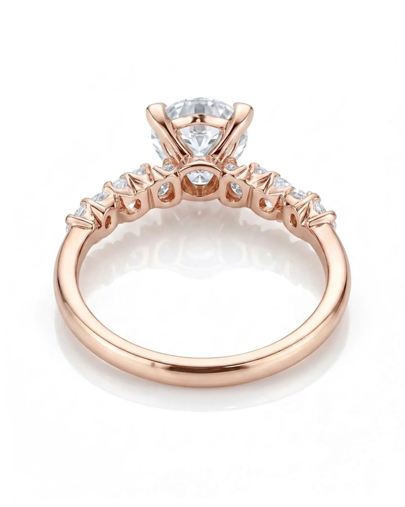 Joan 1 carat round natural diamond six-prong engagement ring in 18K rose gold, underside and open gallery view | SARATTI