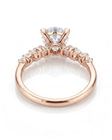 Joan 1 carat round natural diamond six-prong engagement ring in 18K rose gold, underside and open gallery view | SARATTI