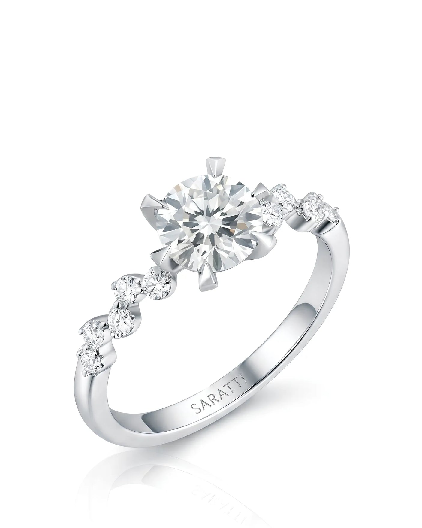 Joan 1 carat round natural diamond six-prong engagement ring in 18K white gold, 45-degree view | SARATTI