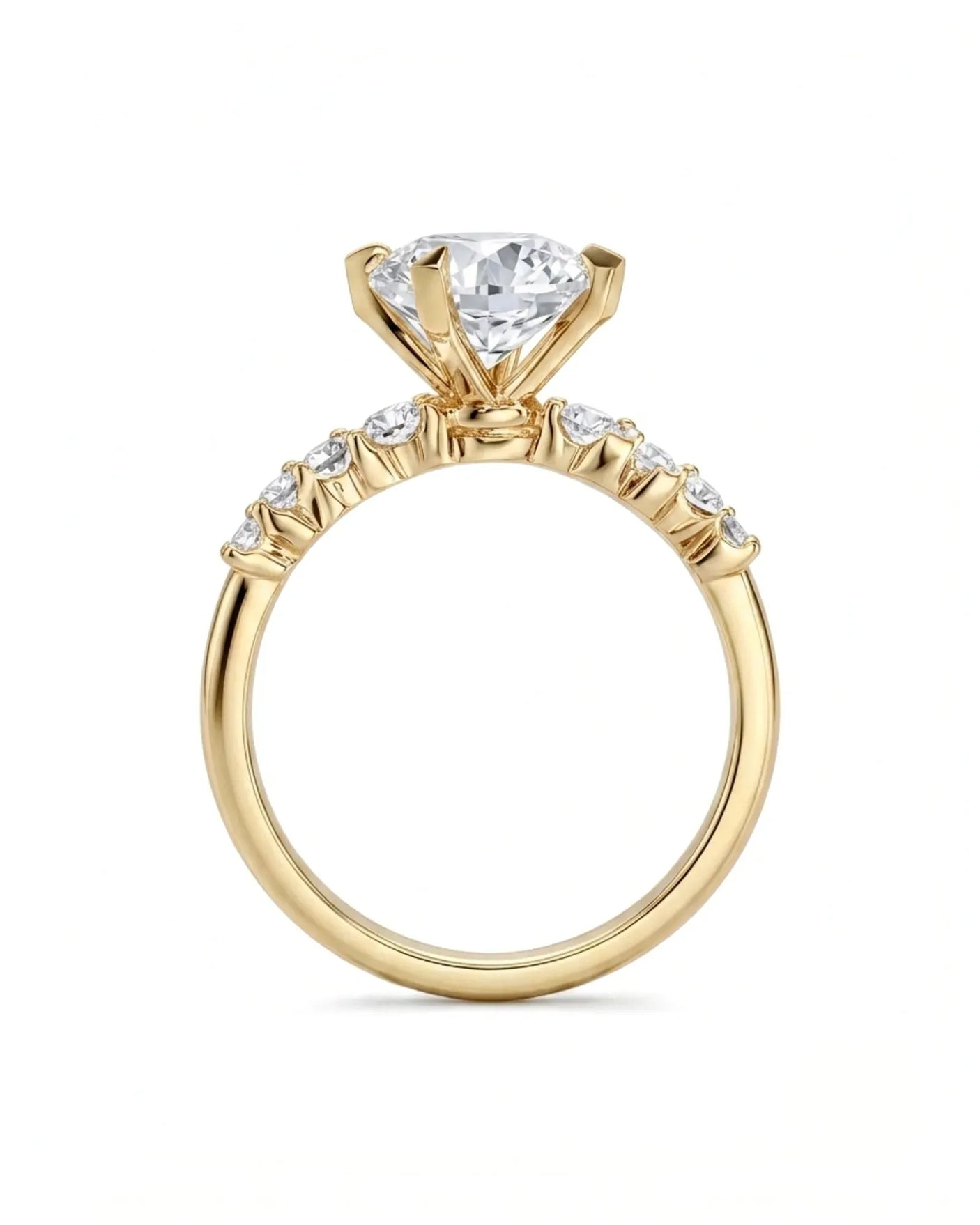 Joan 1 carat round natural diamond six-prong engagement ring in 18K yellow gold, side profile | SARATTI
