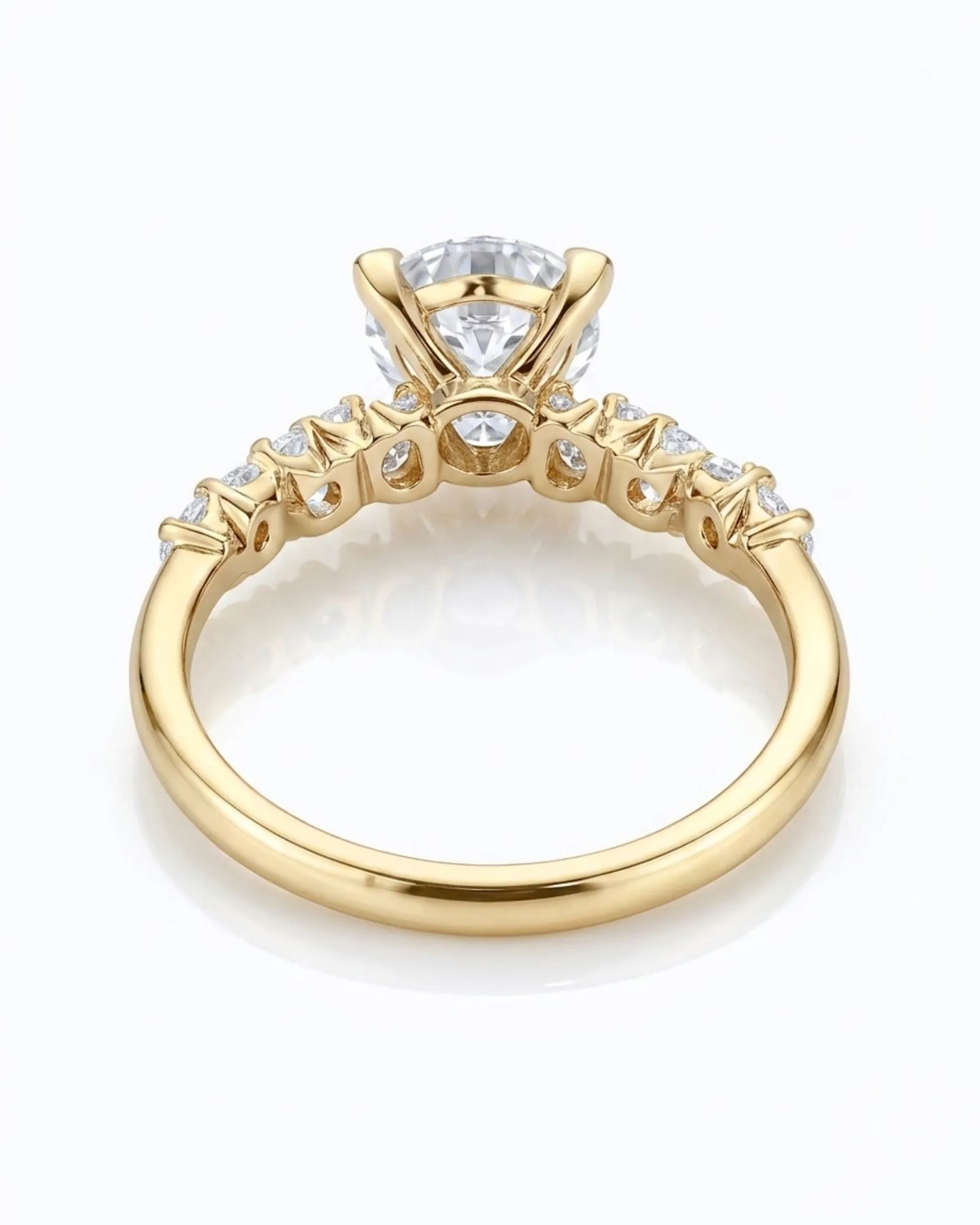 Joan 1 carat round natural diamond six-prong engagement ring in 18K yellow gold, underside and open gallery view | SARATTI