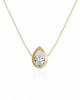 SOLARA Bezel-Set Pear Cut solitaire necklace setting in yellow gold, front view | SARATTI