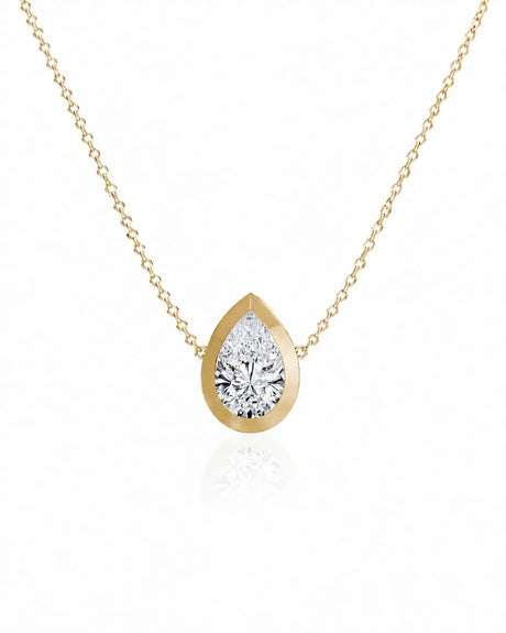 SOLARA Bezel-Set Pear Cut solitaire necklace setting in yellow gold, front view | SARATTI