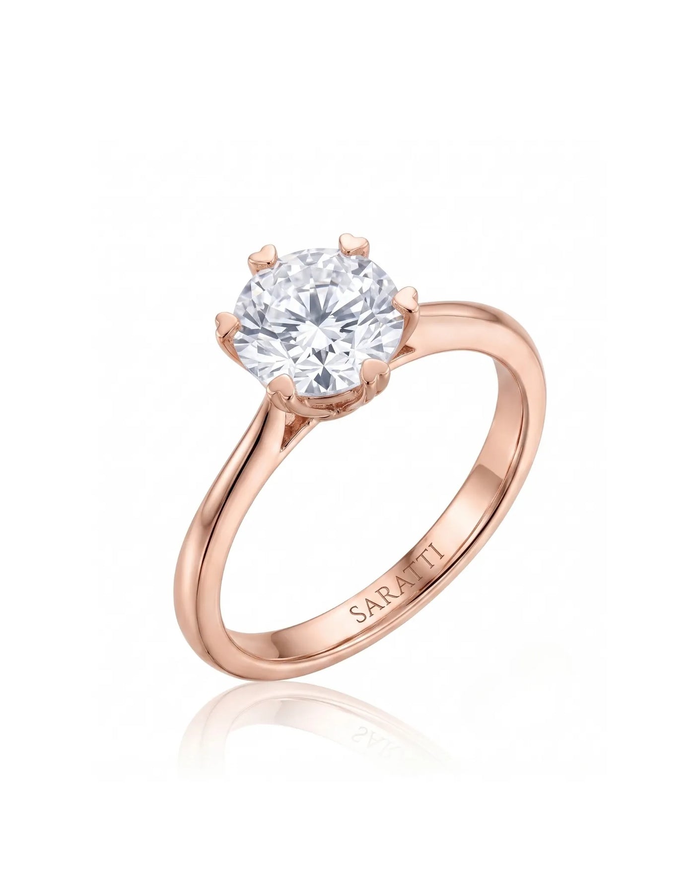 KATYA 1 carat round natural diamond heart-prong solitaire ring in 18K rose gold, 45-degree hero view | SARATTI