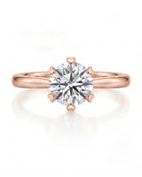 KATYA 1 carat round natural diamond heart-prong solitaire ring in 18K rose gold, front view of six heart-shaped prongs | SARATTI