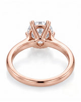 KATYA 1 carat round natural diamond heart-prong solitaire ring in 18K rose gold, underside view of heart-shaped six-prong crown | SARATTI