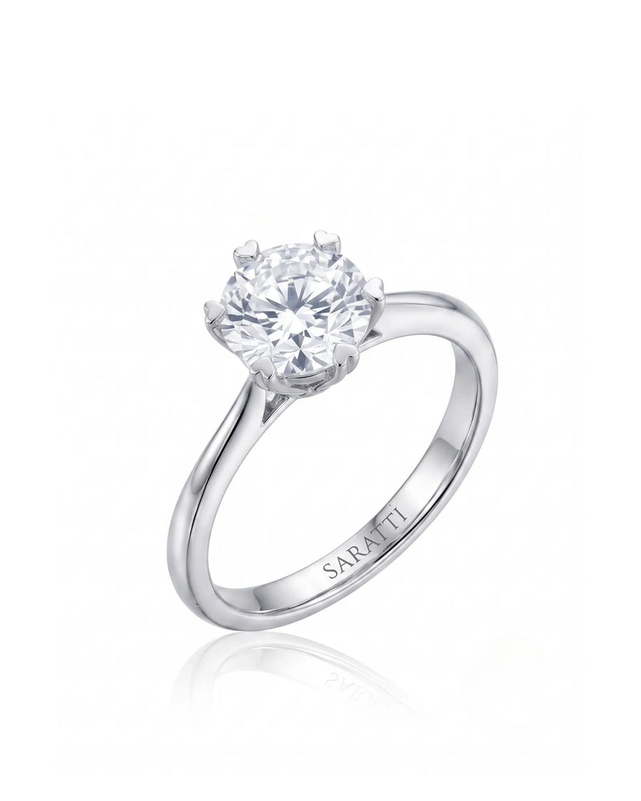 KATYA 1 carat round natural diamond heart-prong solitaire ring in 18K white gold, 45-degree hero view | SARATTI