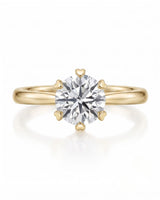 KATYA 1 carat round natural diamond heart-prong solitaire ring in 18K yellow gold, front view of six heart-shaped prongs | SARATTI