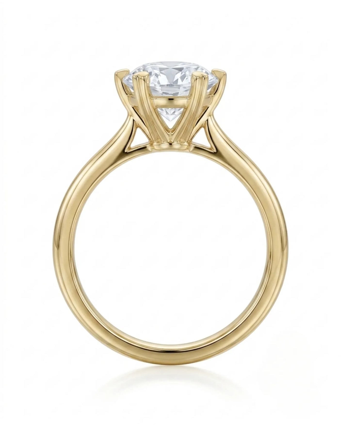 KATYA 1 carat round natural diamond heart-prong solitaire ring in 18K yellow gold, side profile showing raised open gallery | SARATTI