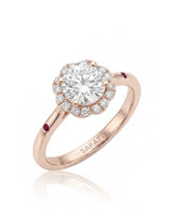 LILA 1 carat round natural diamond halo engagement ring with natural ruby shoulder accents in 18K rose gold, 45-degree view | SARATTI