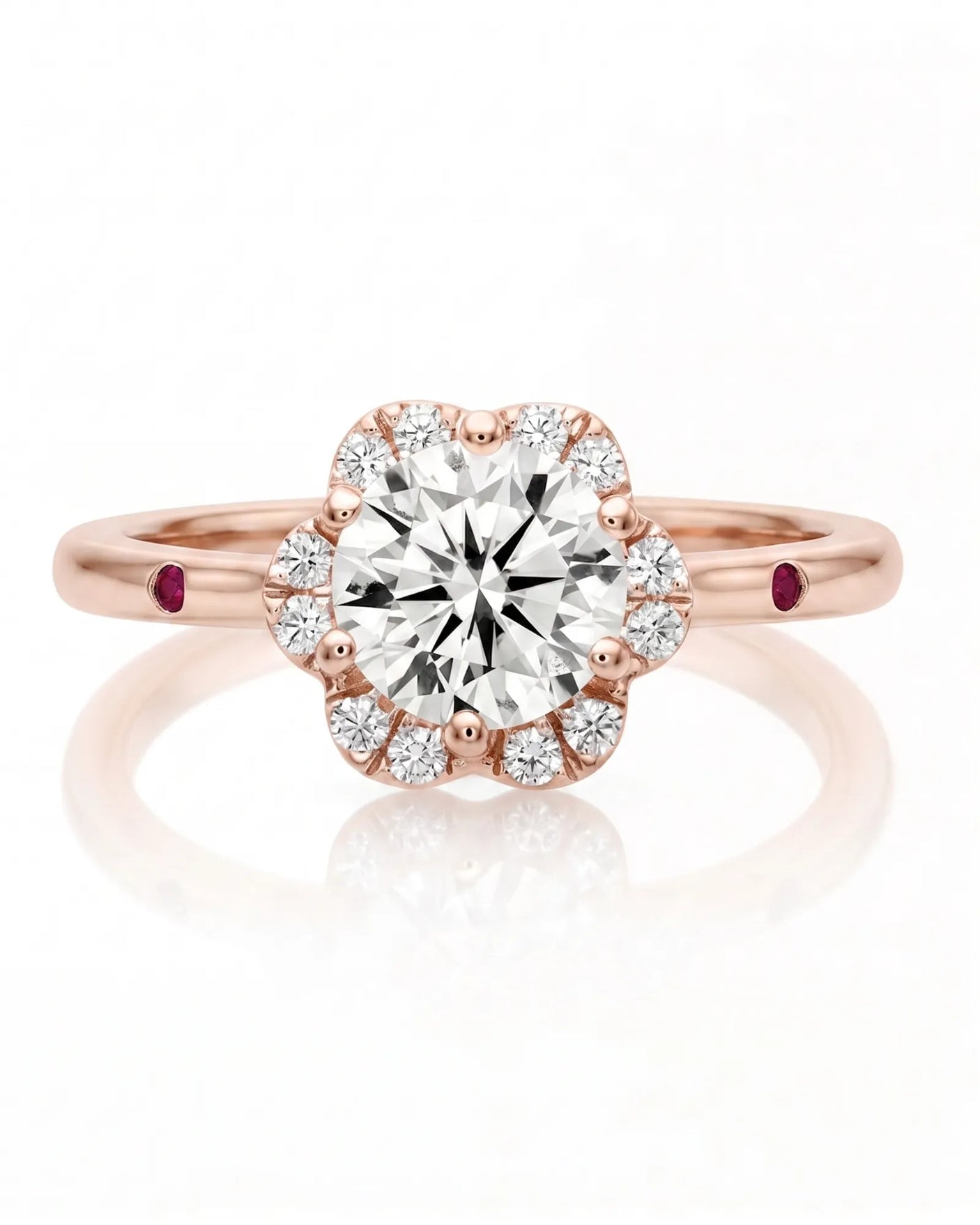 LILA 1 carat round natural diamond halo engagement ring with natural ruby shoulder accents in 18K rose gold, front view of floral diamond halo | SARATTI