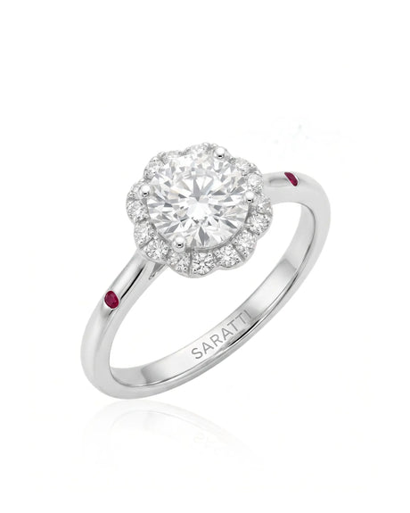 LILA 1 carat round natural diamond halo engagement ring with natural ruby shoulder accents in 18K white gold, 45-degree view | SARATTI