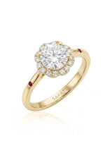 LILA 1 carat round natural diamond halo engagement ring with natural ruby shoulder accents in 18K yellow gold, 45-degree view | SARATTI