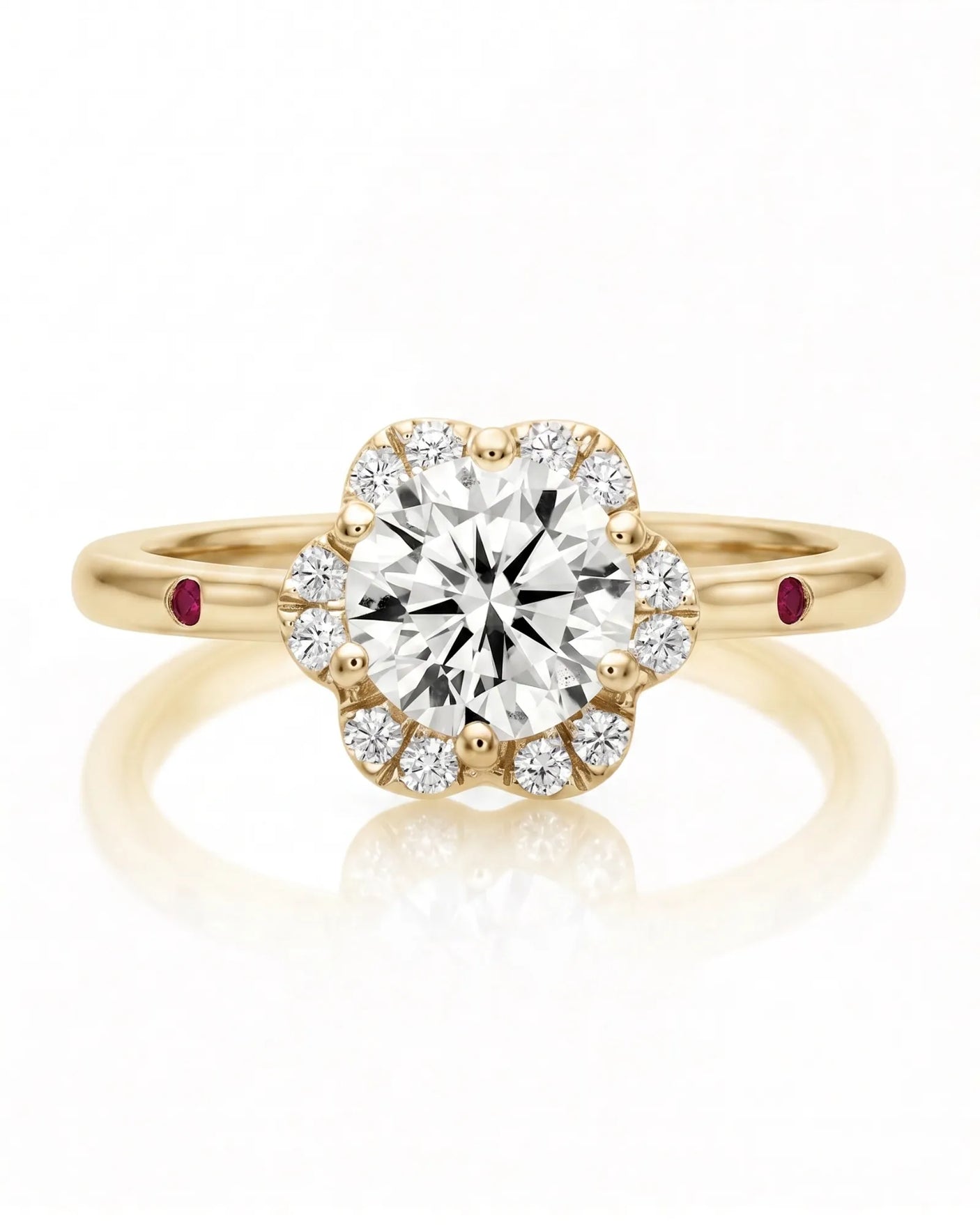 LILA 1 carat round natural diamond halo engagement ring with natural ruby shoulder accents in 18K yellow gold, front view of floral diamond halo | SARATTI